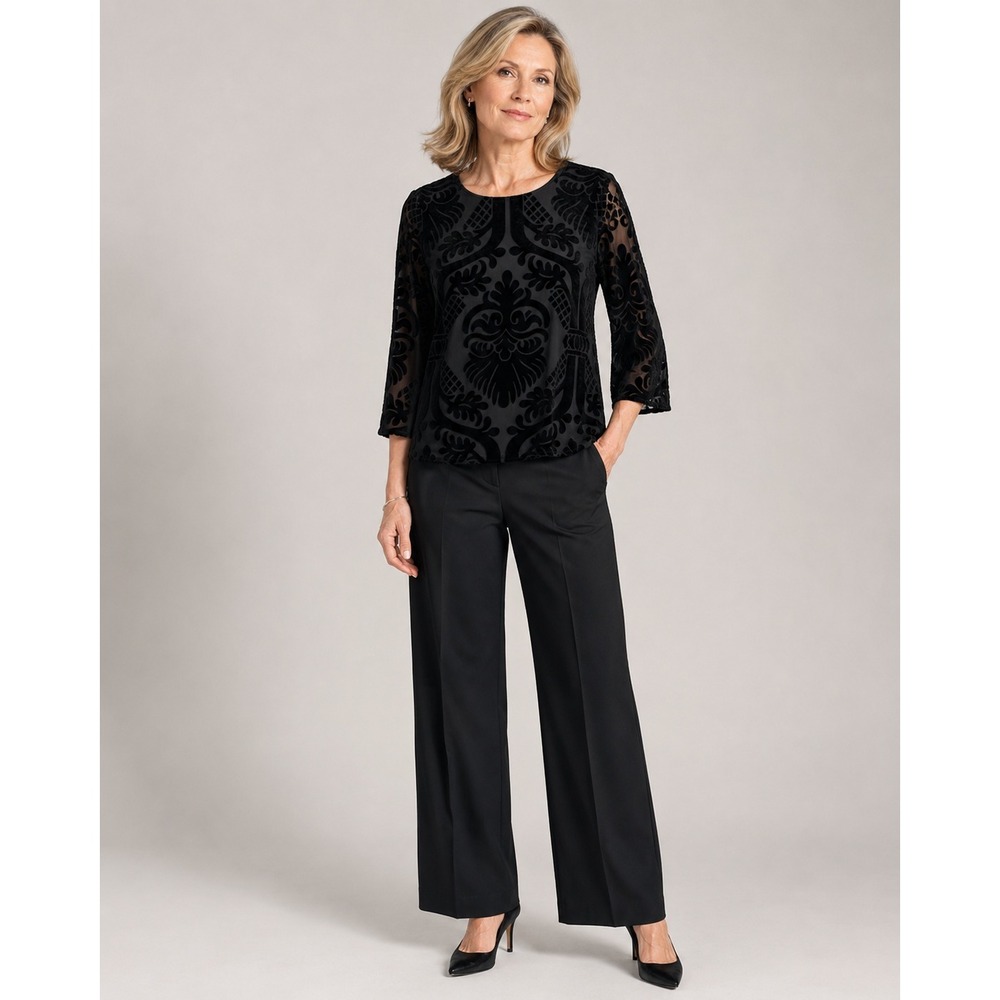 rsvp by Talbots Blouse Top Womens SP Black Burnout Velvet‎ Damask 3/4 Sleeve
